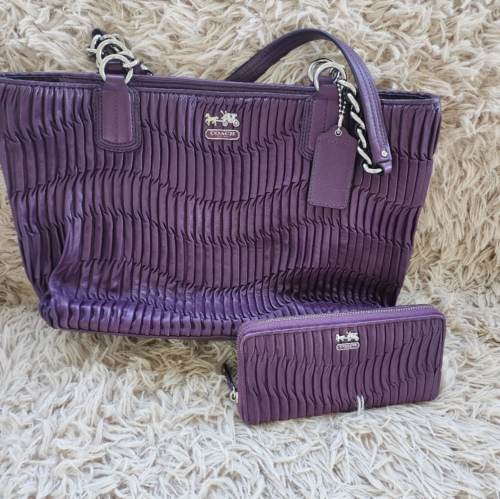 Coach Madison Gathered Purple Tote With Wallet
